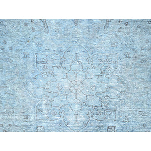 7'1"x9'9" Corydalis Blue, Hand Knotted Cropped Thin Old Persian Tabriz, Even Wear, Sides and Ends Professionally Secured, Cleaned, Sheared Low, Good Condition Velvety Wool Oriental Rug FWR521556