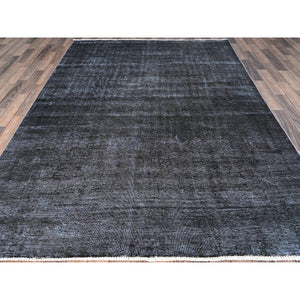 6'3"x9'3" Vulcan Black, Hand Knotted Vintage Persian Tabriz, Shiny Wool, Distressed Look, Cropped Thin, Sheared Low, Evenly Worn Shabby Chic, Sides and Ends Professionally Secured, Oriental Rug FWR521562