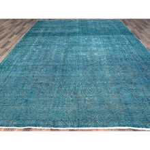 Load image into Gallery viewer, 9&#39;4&quot;x12&#39;7&quot; Meadowbrook Blue, Distressed Look 100% Wool Hand Knotted Vintage Persian Tabriz, Overdyed, Sides and Ends Professionally Secured and Cleaned, Even Wear Oriental Rug FWR521568