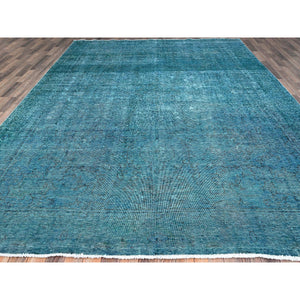 9'4"x12'7" Meadowbrook Blue, Distressed Look 100% Wool Hand Knotted Vintage Persian Tabriz, Overdyed, Sides and Ends Professionally Secured and Cleaned, Even Wear Oriental Rug FWR521568