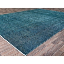 Load image into Gallery viewer, 9&#39;4&quot;x12&#39;7&quot; Meadowbrook Blue, Distressed Look 100% Wool Hand Knotted Vintage Persian Tabriz, Overdyed, Sides and Ends Professionally Secured and Cleaned, Even Wear Oriental Rug FWR521568