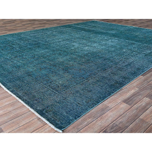 9'4"x12'7" Meadowbrook Blue, Distressed Look 100% Wool Hand Knotted Vintage Persian Tabriz, Overdyed, Sides and Ends Professionally Secured and Cleaned, Even Wear Oriental Rug FWR521568