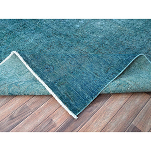 9'4"x12'7" Meadowbrook Blue, Distressed Look 100% Wool Hand Knotted Vintage Persian Tabriz, Overdyed, Sides and Ends Professionally Secured and Cleaned, Even Wear Oriental Rug FWR521568