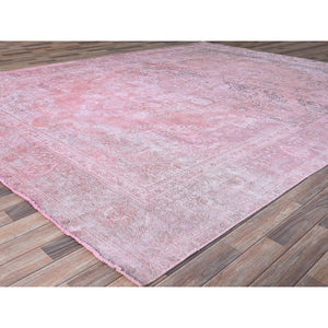 9'5"x12'7" Sherbet Pink, Hand Knotted Extra Soft Wool Even Wear, Sides and Ends Professionally Secured and Cleaned, Good Condition, Sheared Low, Vintage Persian Tabriz, Cropped Thin, Abrash Distressed Oriental Rug FWR521580