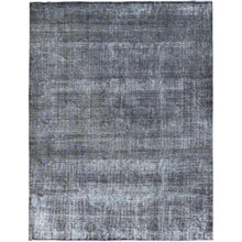 Load image into Gallery viewer, 9&#39;6&quot;x12&#39;4&quot; Asphalt Gray, Hand Knotted Sides and Ends Professionally Secured and Cleaned, Sheared Low, Vintage Persian Tabriz, Cropped Thin, Abrash Distressed Worn Wool Oriental Rug FWR521586