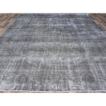 Load image into Gallery viewer, 9&#39;6&quot;x12&#39;4&quot; Asphalt Gray, Hand Knotted Sides and Ends Professionally Secured and Cleaned, Sheared Low, Vintage Persian Tabriz, Cropped Thin, Abrash Distressed Worn Wool Oriental Rug FWR521586