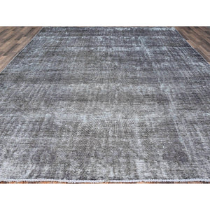 9'6"x12'4" Asphalt Gray, Hand Knotted Sides and Ends Professionally Secured and Cleaned, Sheared Low, Vintage Persian Tabriz, Cropped Thin, Abrash Distressed Worn Wool Oriental Rug FWR521586