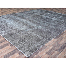 Load image into Gallery viewer, 9&#39;6&quot;x12&#39;4&quot; Asphalt Gray, Hand Knotted Sides and Ends Professionally Secured and Cleaned, Sheared Low, Vintage Persian Tabriz, Cropped Thin, Abrash Distressed Worn Wool Oriental Rug FWR521586