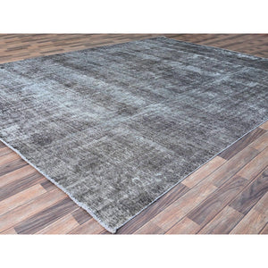 9'6"x12'4" Asphalt Gray, Hand Knotted Sides and Ends Professionally Secured and Cleaned, Sheared Low, Vintage Persian Tabriz, Cropped Thin, Abrash Distressed Worn Wool Oriental Rug FWR521586