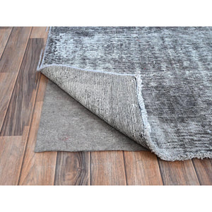 9'6"x12'4" Asphalt Gray, Hand Knotted Sides and Ends Professionally Secured and Cleaned, Sheared Low, Vintage Persian Tabriz, Cropped Thin, Abrash Distressed Worn Wool Oriental Rug FWR521586