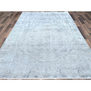 6'x8'10" Blue Gray, Hand Knotted Sides and Ends Professionally Secured and Cleaned, Vintage Persian Tabriz, Cropped Thin, Sheared Low, Evenly Worn, Shiny Wool, Oriental Distressed Rug FWR521622