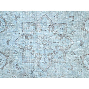 6'x8'9" Celestial Blue, Vintage Persian Tabriz, Hand Knotted Cropped Thin, Sheared Low, Evenly Worn, 100% Wool, Sides and Ends Professionally Secured and Cleaned, Oriental Distressed Rug FWR521628