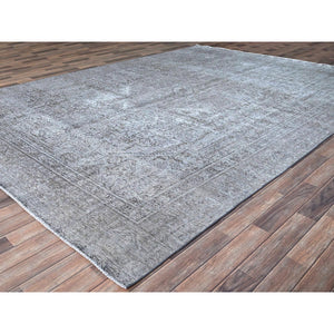 8'10"x12'4" Frost Gray, Vintage Persian Tabriz, Distressed Look, Organic Wool, Cropped Thin, Sides and Ends Professionally Secured and Cleaned, Sheared Low, Hand Knotted, Oriental Rug FWR521640