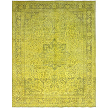 Load image into Gallery viewer, 9&#39;8&quot;x12&#39;6&quot; Warm Olive Yellow, Vintage Hand Knotted Overdyed Persian Tabriz, Open Field Design, Sheared Low, All Wool, Cropped Thin, Sides and Ends Professionally Secured and Cleaned, Oriental Rug FWR521652