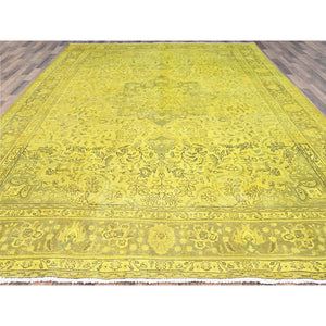 9'8"x12'6" Warm Olive Yellow, Vintage Hand Knotted Overdyed Persian Tabriz, Open Field Design, Sheared Low, All Wool, Cropped Thin, Sides and Ends Professionally Secured and Cleaned, Oriental Rug FWR521652