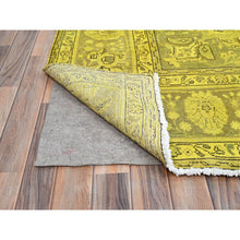 Load image into Gallery viewer, 9&#39;8&quot;x12&#39;6&quot; Warm Olive Yellow, Vintage Hand Knotted Overdyed Persian Tabriz, Open Field Design, Sheared Low, All Wool, Cropped Thin, Sides and Ends Professionally Secured and Cleaned, Oriental Rug FWR521652