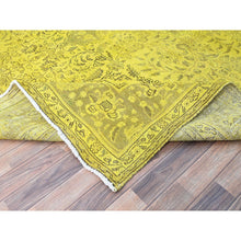 Load image into Gallery viewer, 9&#39;8&quot;x12&#39;6&quot; Warm Olive Yellow, Vintage Hand Knotted Overdyed Persian Tabriz, Open Field Design, Sheared Low, All Wool, Cropped Thin, Sides and Ends Professionally Secured and Cleaned, Oriental Rug FWR521652