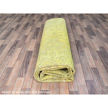 Load image into Gallery viewer, 9&#39;8&quot;x12&#39;6&quot; Warm Olive Yellow, Vintage Hand Knotted Overdyed Persian Tabriz, Open Field Design, Sheared Low, All Wool, Cropped Thin, Sides and Ends Professionally Secured and Cleaned, Oriental Rug FWR521652