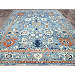 9'x11'9" Niagara Blue, Hand Knotted, Vegetable Dyes, Caucasian Gul Motifs Design, Soft and Vibrant Wool, Shaved Down, Zero Pile, Oriental Rug FWR521658