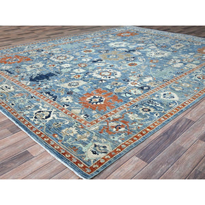 9'x11'9" Niagara Blue, Hand Knotted, Vegetable Dyes, Caucasian Gul Motifs Design, Soft and Vibrant Wool, Shaved Down, Zero Pile, Oriental Rug FWR521658