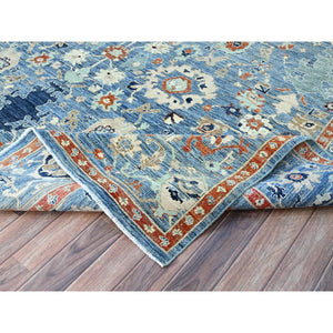 9'x11'9" Niagara Blue, Hand Knotted, Vegetable Dyes, Caucasian Gul Motifs Design, Soft and Vibrant Wool, Shaved Down, Zero Pile, Oriental Rug FWR521658