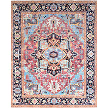 Load image into Gallery viewer, 9&#39;2&quot;x11&#39;8&quot; Yarrow Pink With Grotto Blue Border, Vegetable Dyes, Hand Knotted, Afghan Peshawar Serapi Heriz With Central Diamond Shaped Motif Design, Natural Wool Denser Weave Oriental Rug FWR521730