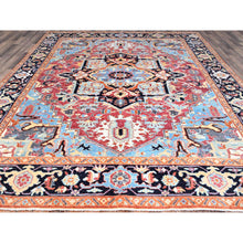 Load image into Gallery viewer, 9&#39;2&quot;x11&#39;8&quot; Yarrow Pink With Grotto Blue Border, Vegetable Dyes, Hand Knotted, Afghan Peshawar Serapi Heriz With Central Diamond Shaped Motif Design, Natural Wool Denser Weave Oriental Rug FWR521730