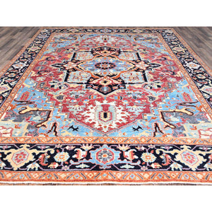 9'2"x11'8" Yarrow Pink With Grotto Blue Border, Vegetable Dyes, Hand Knotted, Afghan Peshawar Serapi Heriz With Central Diamond Shaped Motif Design, Natural Wool Denser Weave Oriental Rug FWR521730