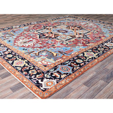 Load image into Gallery viewer, 9&#39;2&quot;x11&#39;8&quot; Yarrow Pink With Grotto Blue Border, Vegetable Dyes, Hand Knotted, Afghan Peshawar Serapi Heriz With Central Diamond Shaped Motif Design, Natural Wool Denser Weave Oriental Rug FWR521730