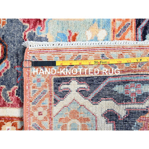 9'2"x11'8" Yarrow Pink With Grotto Blue Border, Vegetable Dyes, Hand Knotted, Afghan Peshawar Serapi Heriz With Central Diamond Shaped Motif Design, Natural Wool Denser Weave Oriental Rug FWR521730