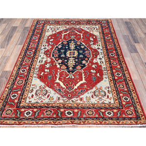 4'x5'10" Smoke Gray, Red Border, Hand Knotted, Velvety and Soft Wool, Densely Woven, Afghan Serapi Heriz Design With Central Motif, Natural Dyes, Oriental Rug FWR521802