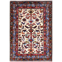 Load image into Gallery viewer, 3&#39;8&quot;x5&#39;4&quot; Swiss Coffee White with Quilt Blue Border, Hand Knotted Vibrant Wool, Turkish Knot With All Over Small Birds Figurines, Denser Weave Natural Dyes, Oriental Rug FWR521928