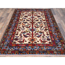 Load image into Gallery viewer, 3&#39;8&quot;x5&#39;4&quot; Swiss Coffee White with Quilt Blue Border, Hand Knotted Vibrant Wool, Turkish Knot With All Over Small Birds Figurines, Denser Weave Natural Dyes, Oriental Rug FWR521928