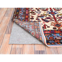 Load image into Gallery viewer, 3&#39;8&quot;x5&#39;4&quot; Swiss Coffee White with Quilt Blue Border, Hand Knotted Vibrant Wool, Turkish Knot With All Over Small Birds Figurines, Denser Weave Natural Dyes, Oriental Rug FWR521928