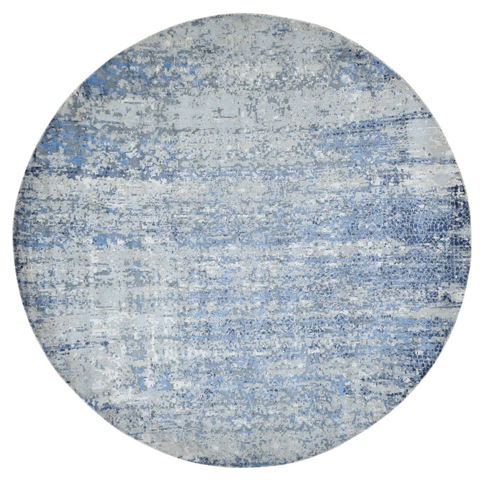 9'x9' Little Boy Blue, Broken Mosaic Design, Wool and Silk, Hand Knotted, Round Oriental Rug FWR525408