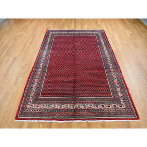 7'1"x10'8" Fire Brick Red, New Persian Sarouk Mir with Small Repetitive Boteh Design, Pure Wool, Hand Knotted, Oriental Rug FWR525582