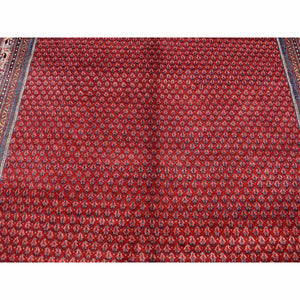 7'1"x10'8" Fire Brick Red, New Persian Sarouk Mir with Small Repetitive Boteh Design, Pure Wool, Hand Knotted, Oriental Rug FWR525582