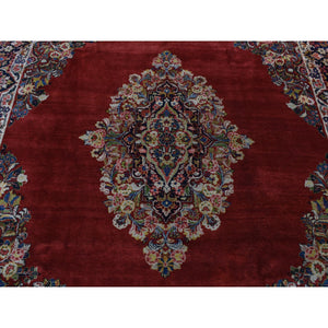 8'8"x11'4" Cherry Red, Antique Persian Sarouk, Open Field Medallion Design, Pure Wool, Full Pile, Hand Knotted, Oriental Rug FWR525600