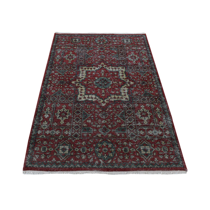 4'x6' Vermilion Red, Vintage Look Mamluk, Zero Pile, Shaved Low, Worn Wool, Hand Knotted, Oriental Rug FWR525666