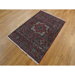 4'x6' Vermilion Red, Vintage Look Mamluk, Zero Pile, Shaved Low, Worn Wool, Hand Knotted, Oriental Rug FWR525666