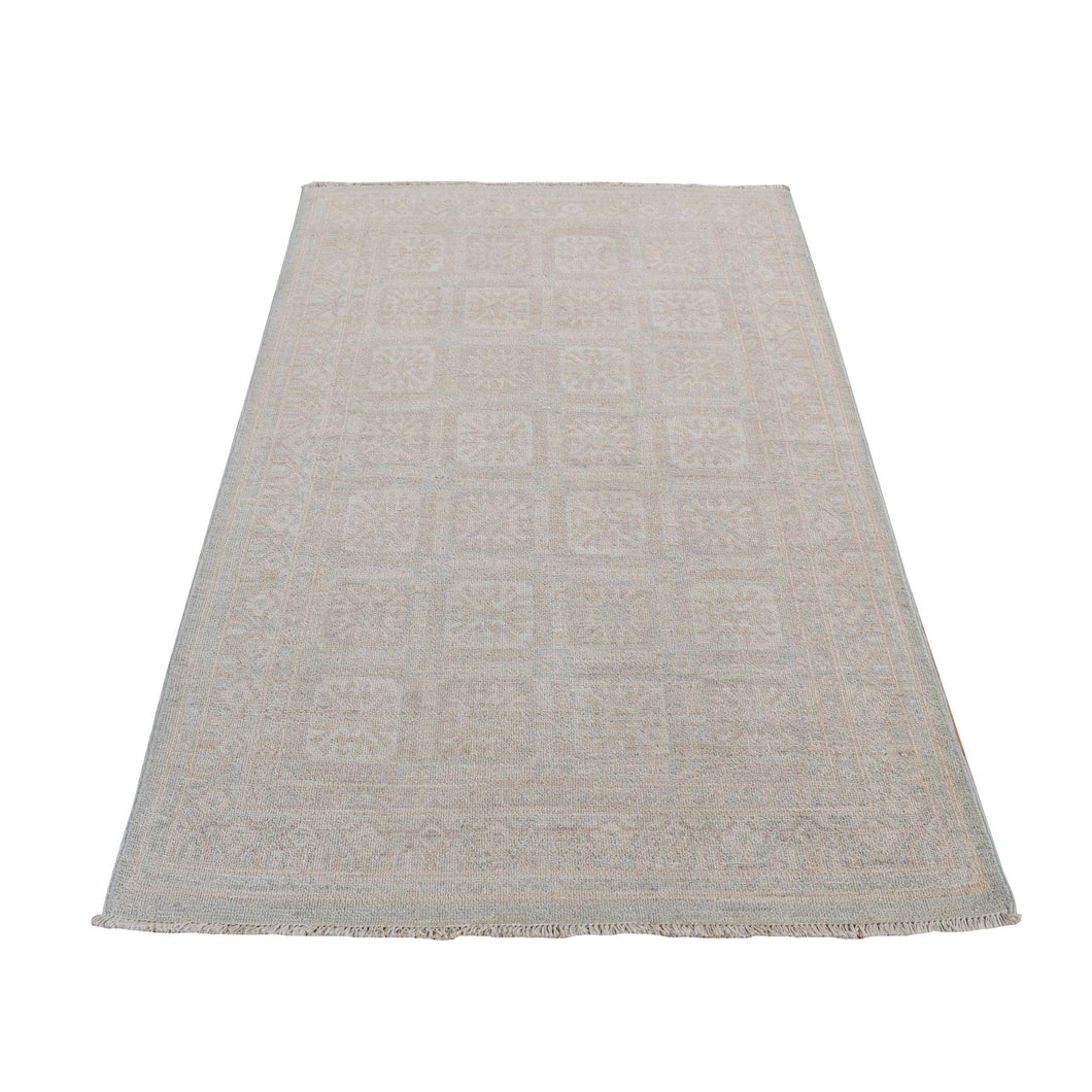 4'x6' Cream Color, Hand Knotted, Washed Out Khotan, Block Rosette Design, Pure Wool, Oriental Rug FWR525696