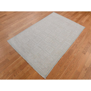 4'x6' Cream Color, Hand Knotted, Washed Out Khotan, Block Rosette Design, Pure Wool, Oriental Rug FWR525696