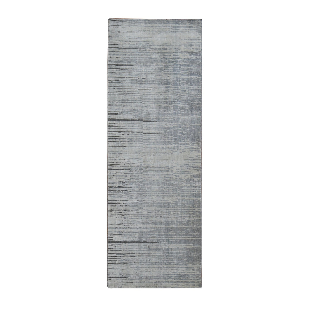 3'x9' Ash Gray, Horizontal Ombre Design, Pure Silk, Hand Knotted, Runner Oriental Rug FWR525720