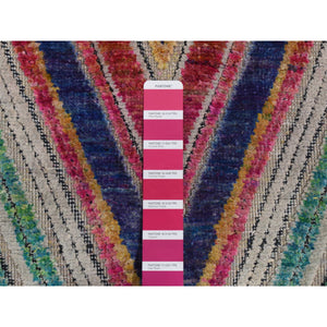 3'x12'3" Rouge Pink, Chevron Design, Sari Silk and Textured Wool, Hand Knotted, Runner Oriental Rug FWR525726