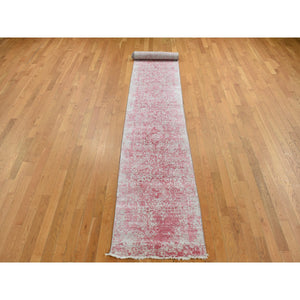 2'5"x15'7" Rouge Pink, Broken and Erased Persian Design, Wool and Pure Silk, Hand Knotted, XL Runner, Oriental Rug FWR525786