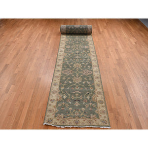 3'6"x32'2" Moss Green, Pure Wool, Hard Twist Agra, Extra Long and Wide Runner, Hand Knotted, Oriental Rug FWR525804