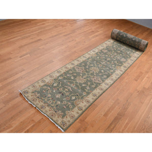 3'6"x32'2" Moss Green, Pure Wool, Hard Twist Agra, Extra Long and Wide Runner, Hand Knotted, Oriental Rug FWR525804