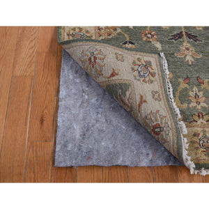 3'6"x32'2" Moss Green, Pure Wool, Hard Twist Agra, Extra Long and Wide Runner, Hand Knotted, Oriental Rug FWR525804