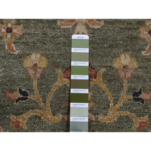 3'6"x32'2" Moss Green, Pure Wool, Hard Twist Agra, Extra Long and Wide Runner, Hand Knotted, Oriental Rug FWR525804