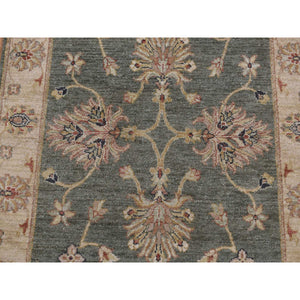 3'6"x32'2" Moss Green, Pure Wool, Hard Twist Agra, Extra Long and Wide Runner, Hand Knotted, Oriental Rug FWR525804